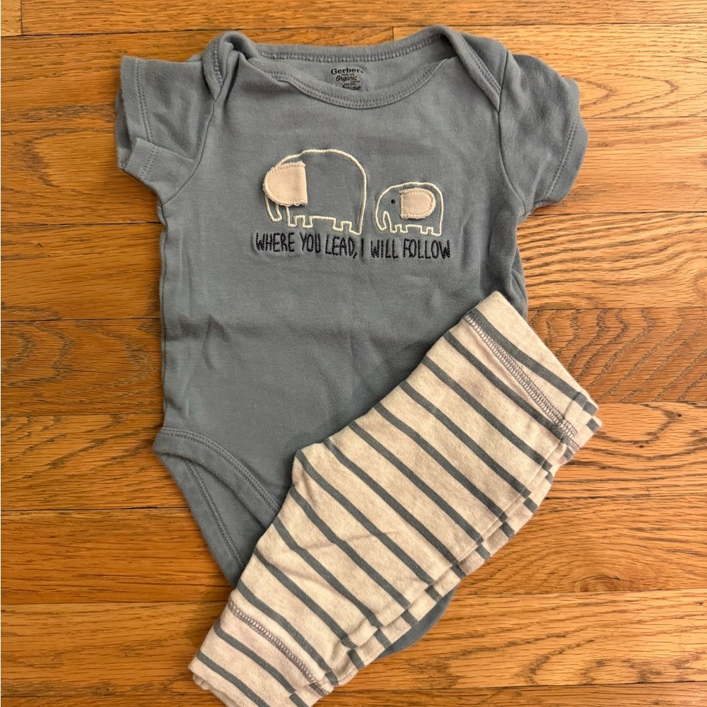 Gerber Blue Bodysuit with Elephant Design and Striped Pants